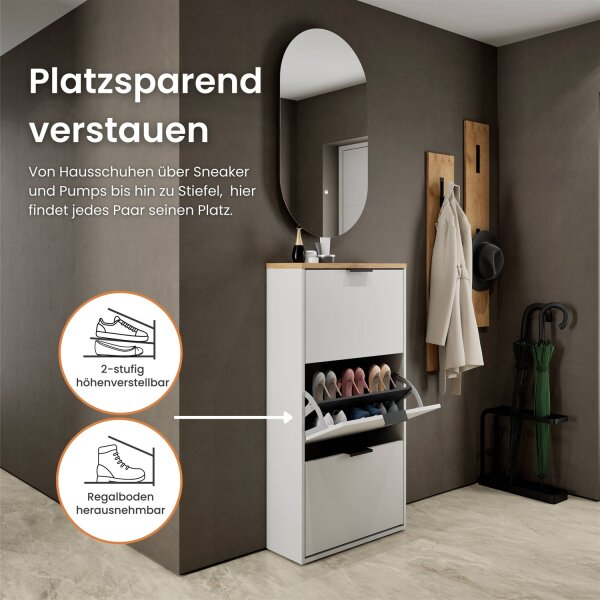 Schuhschrank STIVIO 3 Klappen Gold Eiche 60 cm, LED Spiegel oval ohne Rahmen (2 Lichtstufen)
