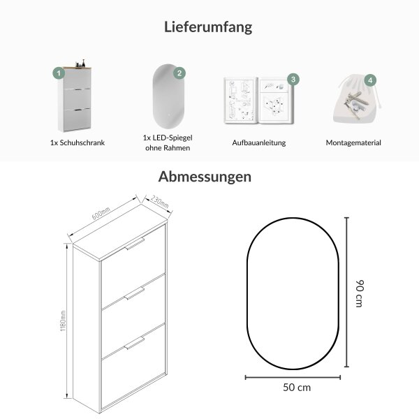 Schuhschrank STIVIO 3 Klappen Gold Eiche 60 cm, LED Spiegel oval ohne Rahmen (2 Lichtstufen)