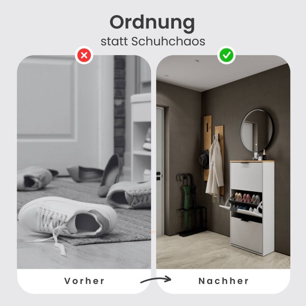 Schuhrank STIVIO 3 Klappen Weiß Grau 60 cm, LED Spiegel rund mit Rahmen (3 Lichtstufen)