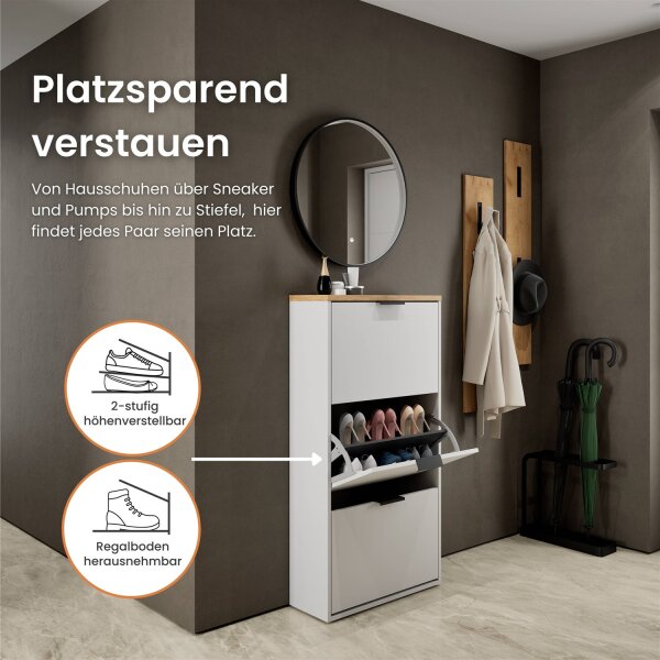 Schuhrank STIVIO 3 Klappen Weiß Grau 60 cm, LED Spiegel rund mit Rahmen (3 Lichtstufen)