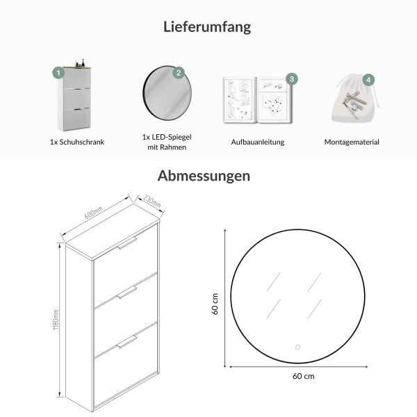 Schuhrank STIVIO 3 Klappen Weiß Grau 60 cm, LED Spiegel rund mit Rahmen (3 Lichtstufen)