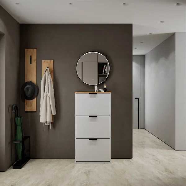 Scarpiera STIVIO a 3 ante, bianco e grigio, 60 cm, specchio rotondo con cornice e illuminazione a LED (3 livelli di luminosità)