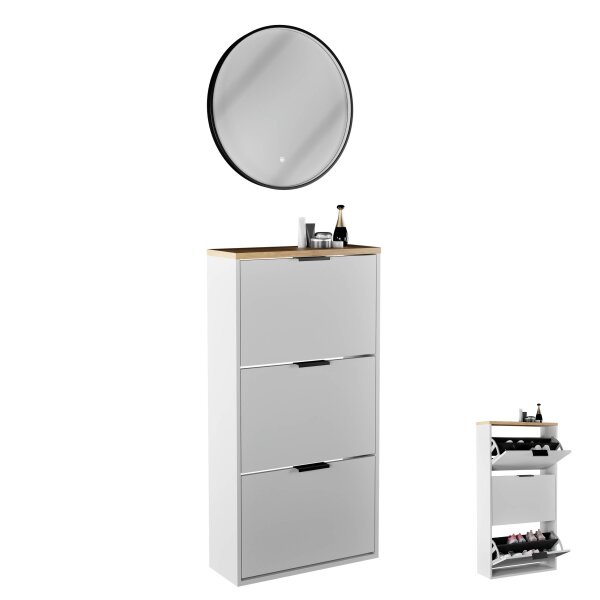 Schuhschrank STIVIO 3 Klappen Weiß Grau 60 cm, LED Spiegel rund mit Rahmen (3 Lichtstufen)