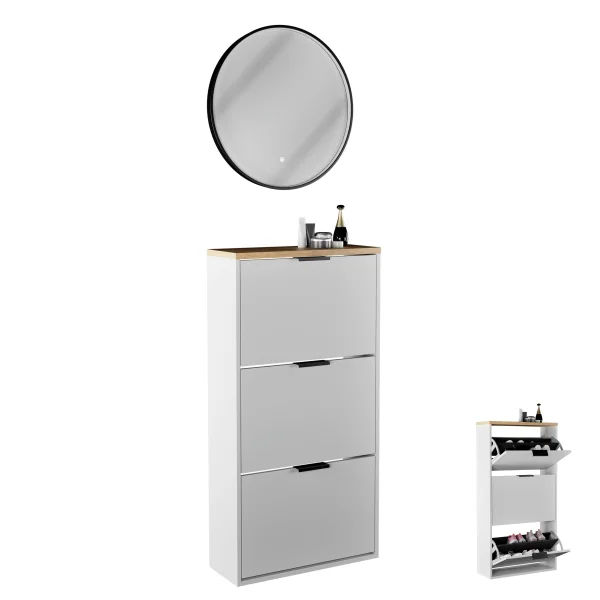 Scarpiera STIVIO a 3 ante, bianco e grigio, 60 cm, specchio rotondo con cornice e illuminazione a LED (3 livelli di luminosità)