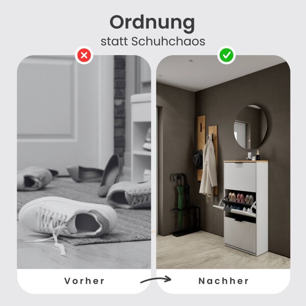 Schuhrank STIVIO 2 Klappen Weiß Grau 60 cm, LED Spiegel rund ohne Rahmen (2 Lichtstufen)