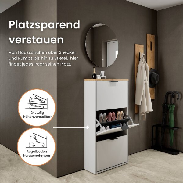 Schuhrank STIVIO 2 Klappen Weiß Grau 60 cm, LED Spiegel rund ohne Rahmen (2 Lichtstufen)