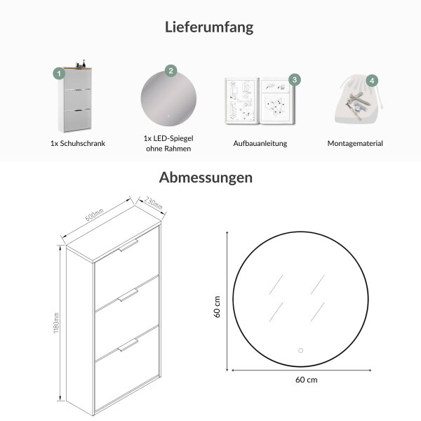 Schuhrank STIVIO 2 Klappen Weiß Grau 60 cm, LED Spiegel rund ohne Rahmen (2 Lichtstufen)