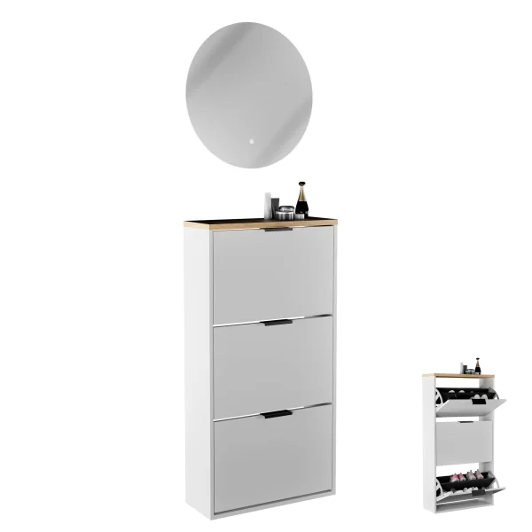 Scarpiera STIVIO a 2 ante, bianco e grigio, 60 cm, specchio rotondo a LED senza cornice (2 livelli di illuminazione)