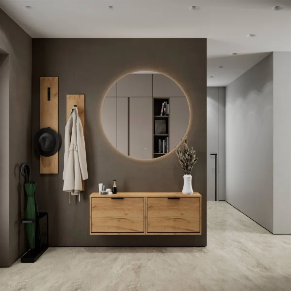 Scapolo STIVIO 2x 1 anta, rovere dorato, 60 cm, specchio rotondo a LED senza cornice, 100 cm (2 livelli di illuminazione)