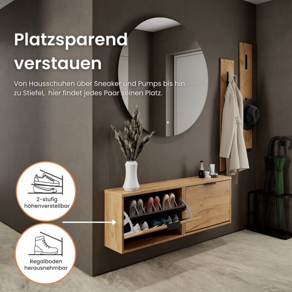 Schuhschrank STIVIO 2x 1 Klappe Gold Eiche 60 cm, LED Spiegel rund ohne Rahmen 100 cm (2 Lichtstufen)
