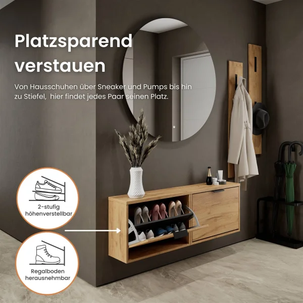 Scapolo STIVIO 2x 1 anta, rovere dorato, 60 cm, specchio rotondo a LED senza cornice, 100 cm (2 livelli di illuminazione)
