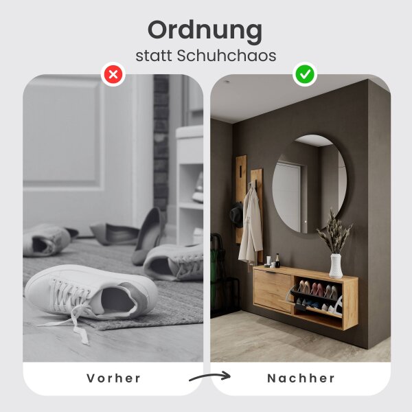 Schuhschrank STIVIO 2x 1 Klappe Gold Eiche 60 cm, LED Spiegel rund ohne Rahmen 100 cm (2 Lichtstufen)