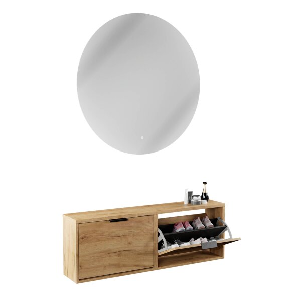 Schuhschrank STIVIO 2x 1 Klappe Gold Eiche 60 cm, LED Spiegel rund ohne Rahmen 100 cm (2 Lichtstufen)