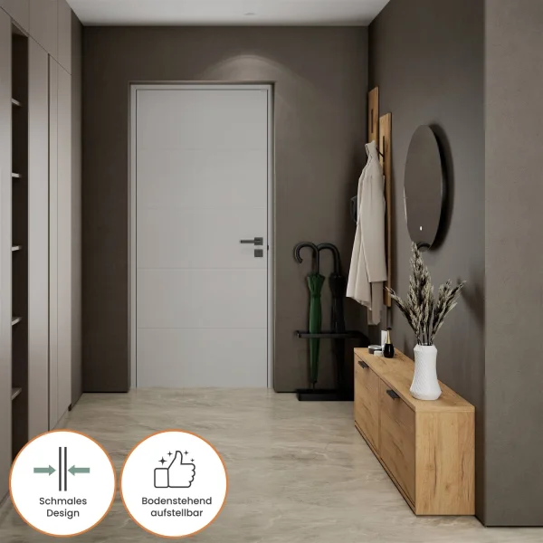 Armario para zapatos STIVIO con 2 puertas abatibles, roble dorado, 60 cm; espejo redondo con LED sin marco, 60 cm (2 intensidades de luz)