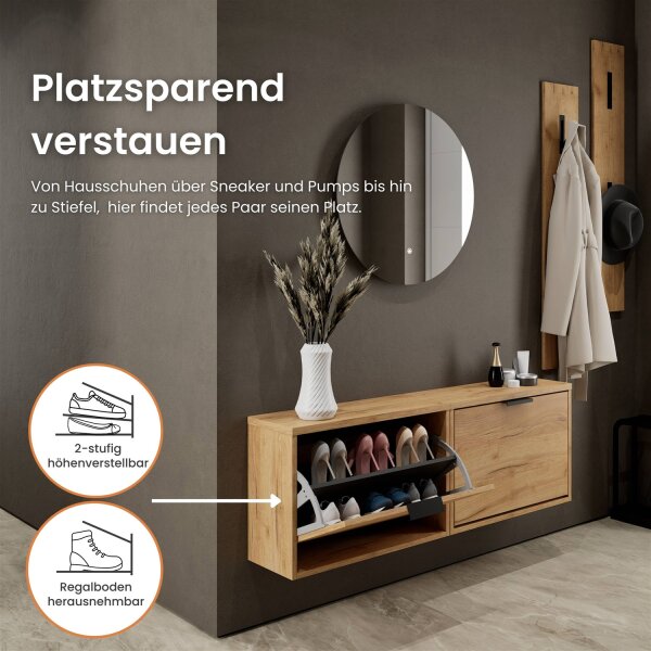 Schuhschrank STIVIO 2x 1 Klappe Gold Eiche 60 cm, LED Spiegel rund ohne Rahmen 60 cm (2 Lichtstufen)