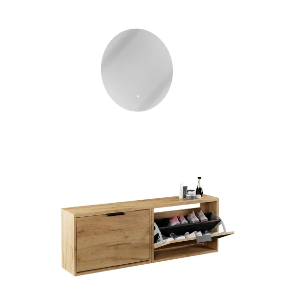Armario para zapatos STIVIO con 2 puertas abatibles, roble dorado, 60 cm; espejo redondo con LED sin marco, 60 cm (2 intensidades de luz)
