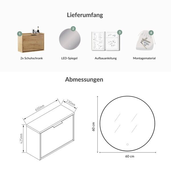 Schuhschrank STIVIO 2x 1 Klappe Gold Eiche 60 cm, LED Spiegel rund ohne Rahmen 60 cm (2 Lichtstufen)