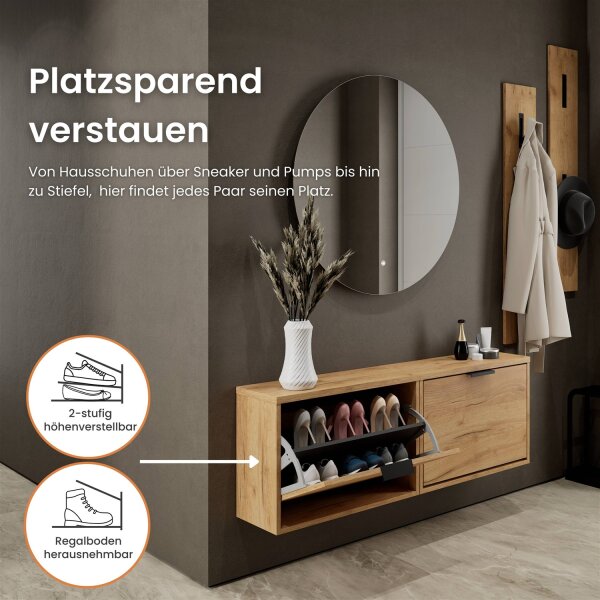 Schuhschrank STIVIO 2x 1 Klappe Gold Eiche 60 cm, LED Spiegel rund ohne Rahmen 80 cm (2 Lichtstufen)
