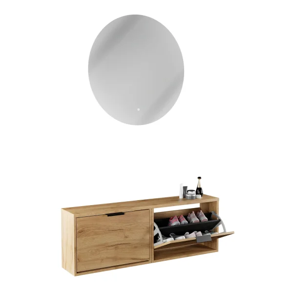 Armario para zapatos STIVIO, 2 puertas abatibles, roble dorado, 60 cm; espejo redondo con LED sin marco, 80 cm (2 intensidades de luz)