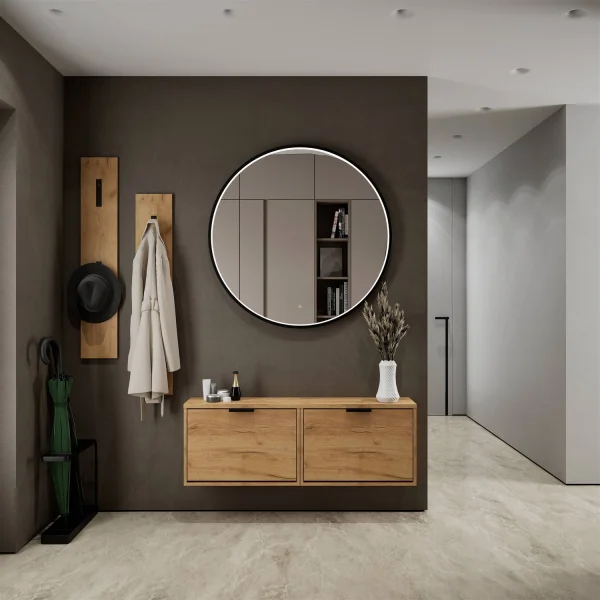 Shoe Cabinet STIVIO 2x 1 Flap Golden Oak 60 cm, Round LED Mirror (3 Light Levels)