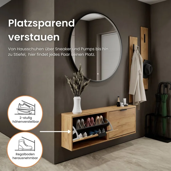 Shoe Cabinet STIVIO 2x 1 Flap Golden Oak 60 cm, Round LED Mirror (3 Light Levels)