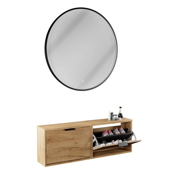 Schuhschrank STIVIO 2x 1 Klappe Gold Eiche 60 cm, LED Spiegel rund mit Rahmen 100 cm (3 Lichtstufen)