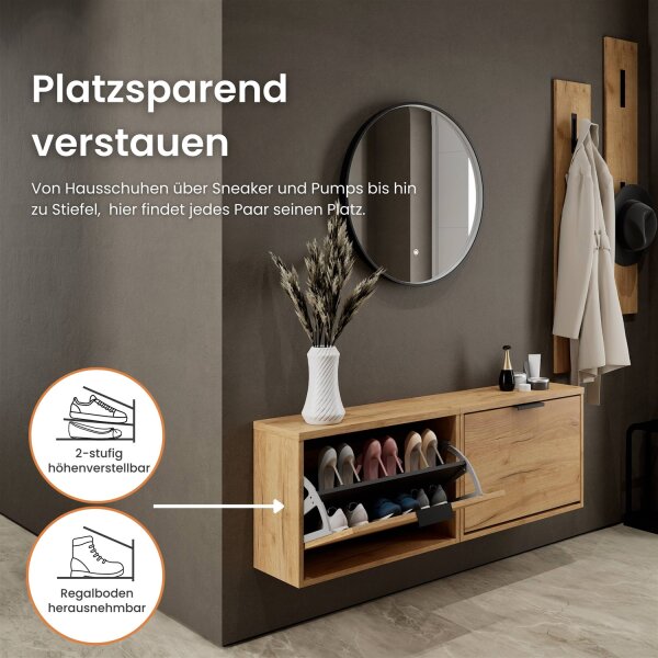 Schuhschrank STIVIO 2x 1 Klappe Gold Eiche 60 cm, LED Spiegel rund mit Rahmen 60 cm (3 Lichtstufen)