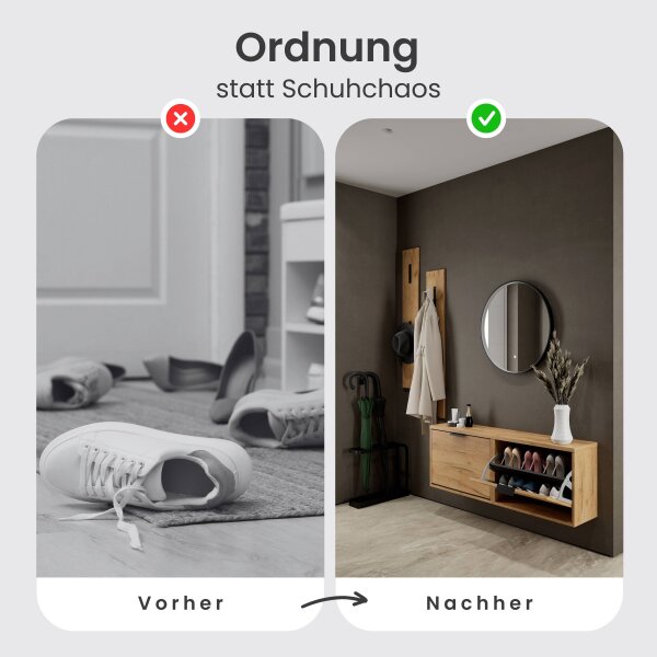 Schuhschrank STIVIO 2x 1 Klappe Gold Eiche 60 cm, LED Spiegel rund mit Rahmen 60 cm (3 Lichtstufen)