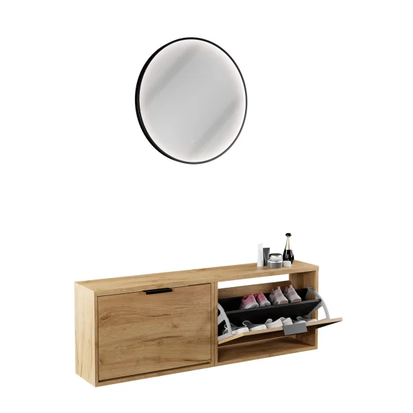 Scapolo per scarpe STIVIO 2x 1 anta, rovere dorato, 60 cm, specchio rotondo con cornice e illuminazione a LED, 60 cm (3 livelli di luminosità)