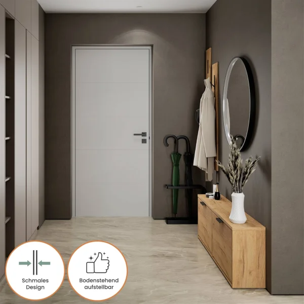Scapolo per scarpe STIVIO 2x 1 anta, rovere dorato, 60 cm, specchio rotondo con cornice e illuminazione a LED, 80 cm (3 livelli di luminosità)