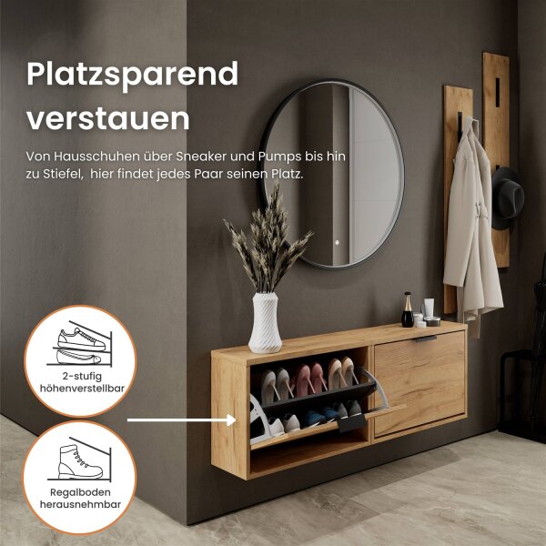 Schuhschrank STIVIO 2x 1 Klappe Gold Eiche 60 cm, LED Spiegel rund mit Rahmen 80 cm (3 Lichtstufen)