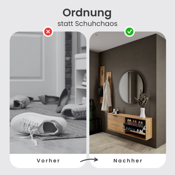 Schuhschrank STIVIO 2x 1 Klappe Gold Eiche 60 cm, LED Spiegel rund mit Rahmen 80 cm (3 Lichtstufen)