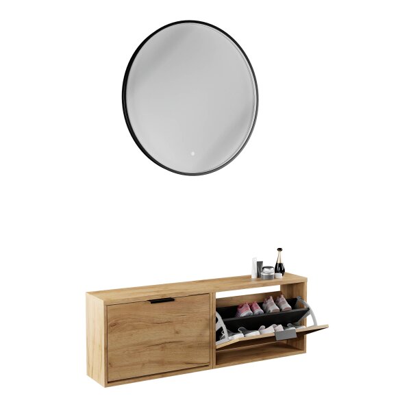 Schuhschrank STIVIO 2x 1 Klappe Gold Eiche 60 cm, LED Spiegel rund mit Rahmen 80 cm (3 Lichtstufen)