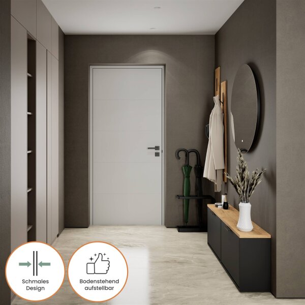 Schuhschrank STIVIO 2x 1 Klappe Schwarz  60 cm, LED Spiegel rund ohne Rahmen 100 cm (2 Lichtstufen)