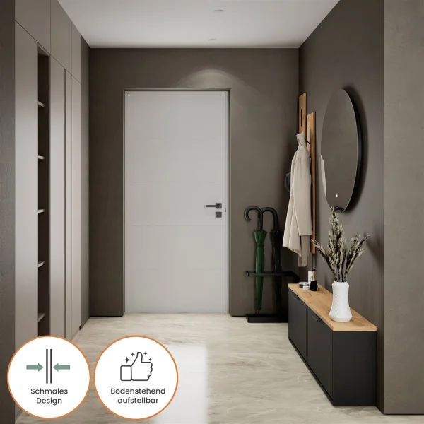 Scapolo per scarpe STIVIO 2x 1 anta, nero, 60 cm; specchio rotondo a LED senza cornice, 100 cm (2 livelli di illuminazione)