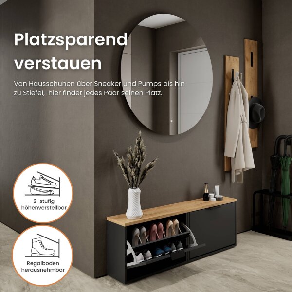 Schuhschrank STIVIO 2x 1 Klappe Schwarz  60 cm, LED Spiegel rund ohne Rahmen 100 cm (2 Lichtstufen)