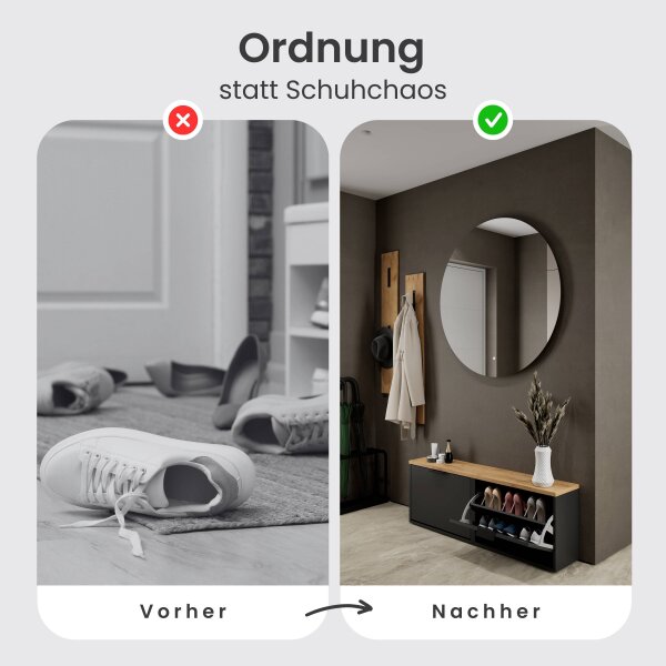 Schuhschrank STIVIO 2x 1 Klappe Schwarz  60 cm, LED Spiegel rund ohne Rahmen 100 cm (2 Lichtstufen)