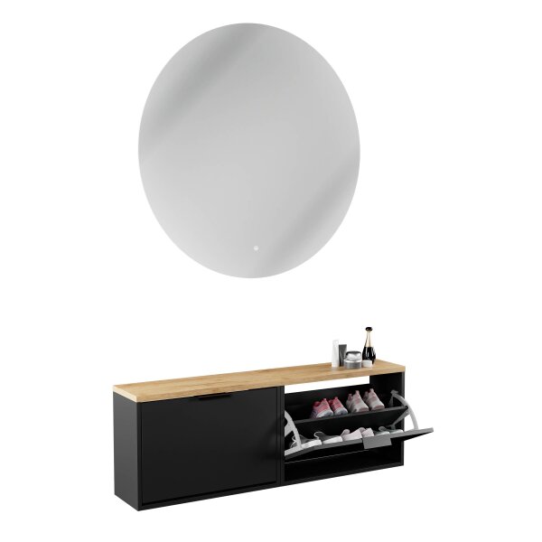 Schuhschrank STIVIO 2x 1 Klappe Schwarz  60 cm, LED Spiegel rund ohne Rahmen 100 cm (2 Lichtstufen)