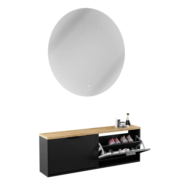 Scapolo per scarpe STIVIO 2x 1 anta, nero, 60 cm; specchio rotondo a LED senza cornice, 100 cm (2 livelli di illuminazione)