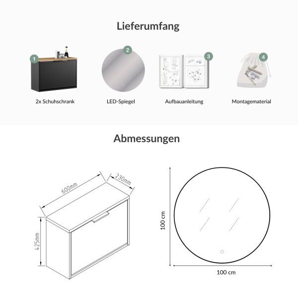 Schuhschrank STIVIO 2x 1 Klappe Schwarz  60 cm, LED Spiegel rund ohne Rahmen 100 cm (2 Lichtstufen)