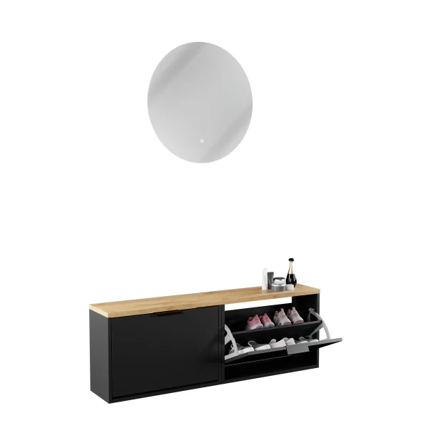 Scapolo STIVIO 2x 1 anta, nero, 60 cm; specchio rotondo a LED senza cornice, 80 cm (2 livelli di illuminazione)