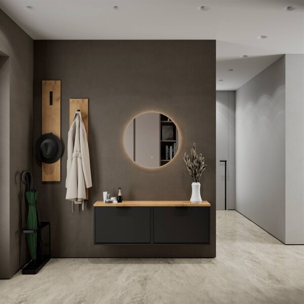 Schuhschrank STIVIO 2x 1 Klappe Schwarz 60 cm, LED Spiegel rund ohne Rahmen 80 cm (2 Lichtstufen)