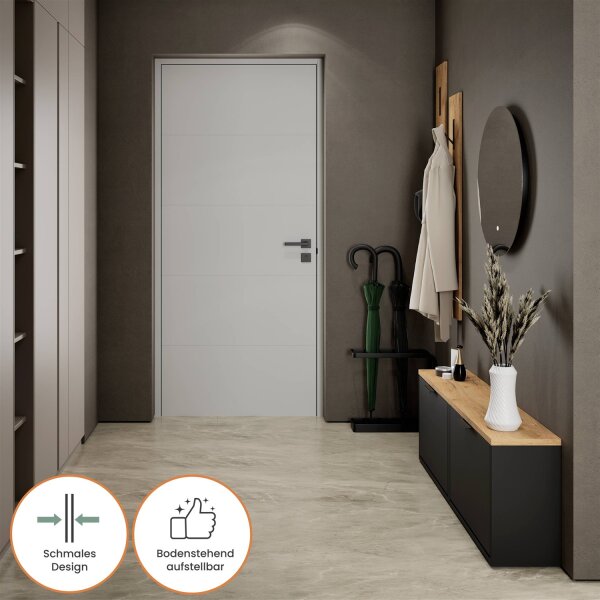 Schuhschrank STIVIO 2x 1 Klappe Schwarz 60 cm, LED Spiegel rund ohne Rahmen 80 cm (2 Lichtstufen)