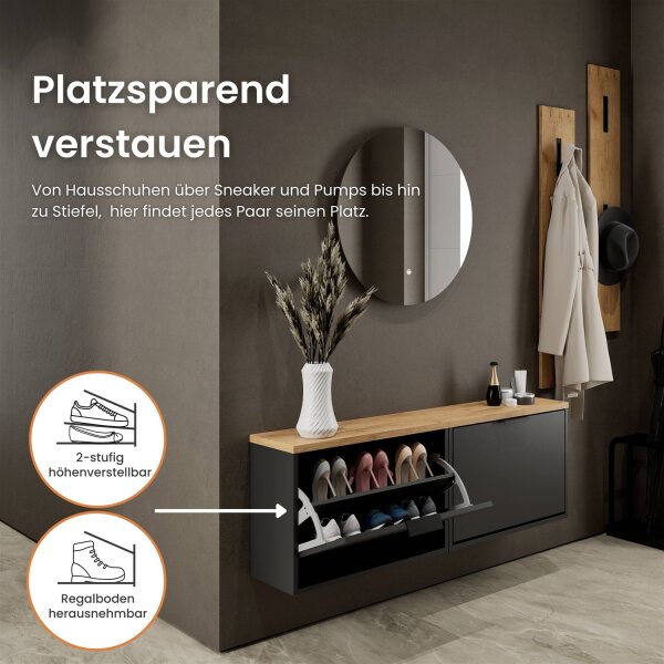 Schuhschrank STIVIO 2x 1 Klappe Schwarz 60 cm, LED Spiegel rund ohne Rahmen 80 cm (2 Lichtstufen)