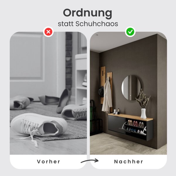 Schuhschrank STIVIO 2x 1 Klappe Schwarz 60 cm, LED Spiegel rund ohne Rahmen 80 cm (2 Lichtstufen)
