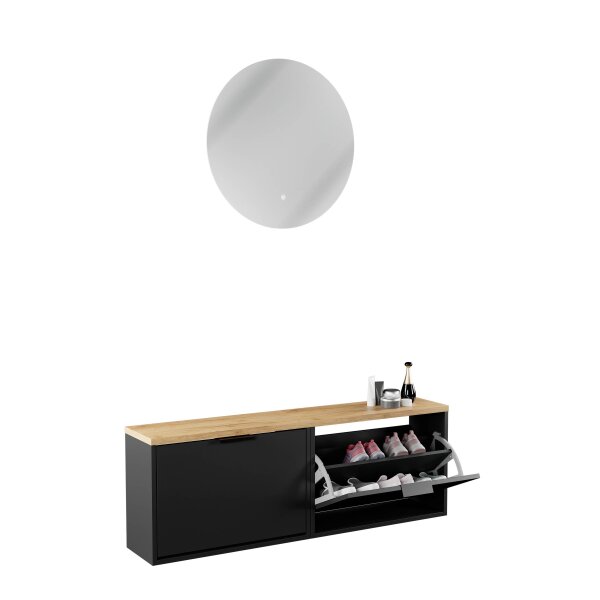 Schuhschrank STIVIO 2x 1 Klappe Schwarz 60 cm, LED Spiegel rund ohne Rahmen 80 cm (2 Lichtstufen)
