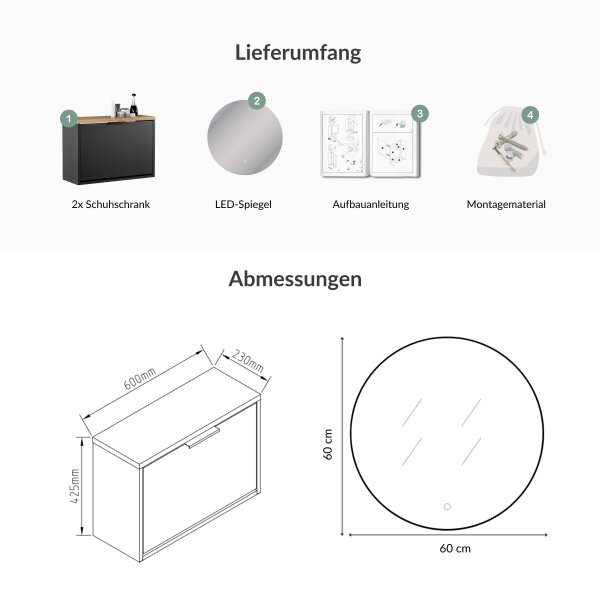 Schuhschrank STIVIO 2x 1 Klappe Schwarz 60 cm, LED Spiegel rund ohne Rahmen 80 cm (2 Lichtstufen)