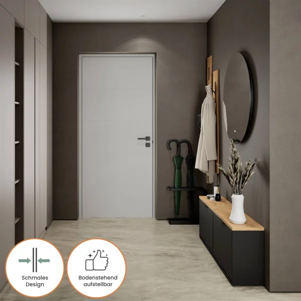 Scarpiera STIVIO con 2 ante a ribalta, nera, 60 cm; specchio rotondo a LED senza cornice, 80 cm (2 livelli di illuminazione)