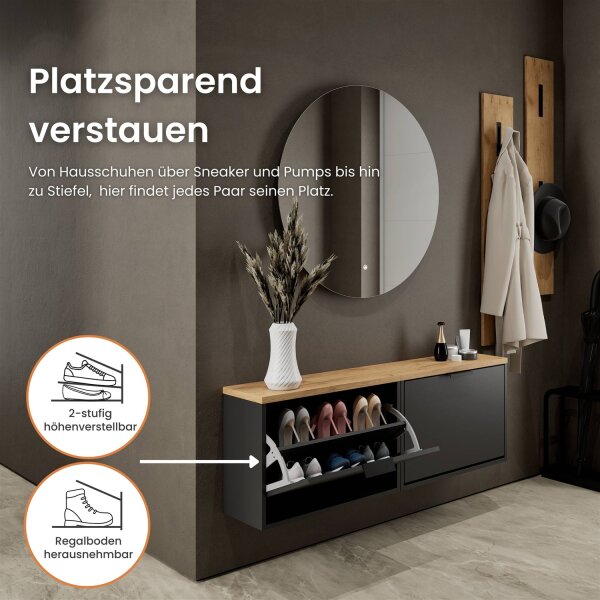 Schuhschrank STIVIO 2x 1 Klappe Schwarz 60 cm, LED Spiegel rund ohne Rahmen 80 cm (2 Lichtstufen)