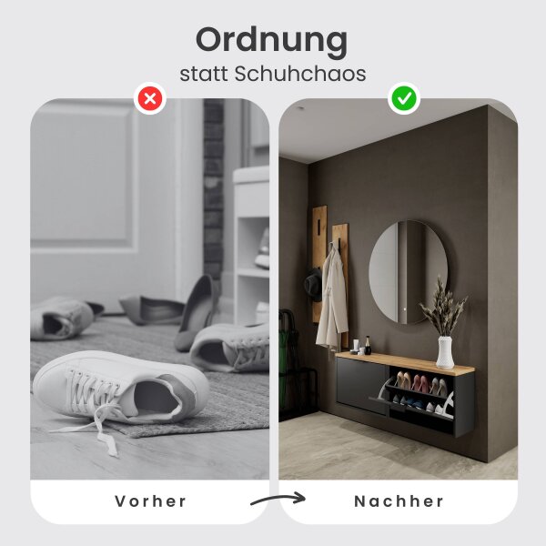 Schuhschrank STIVIO 2x 1 Klappe Schwarz 60 cm, LED Spiegel rund ohne Rahmen 80 cm (2 Lichtstufen)